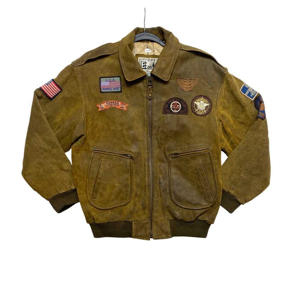 Vintage Excelled Leather Bomber Jacket Mens L Brown Multi Patch Map Lining